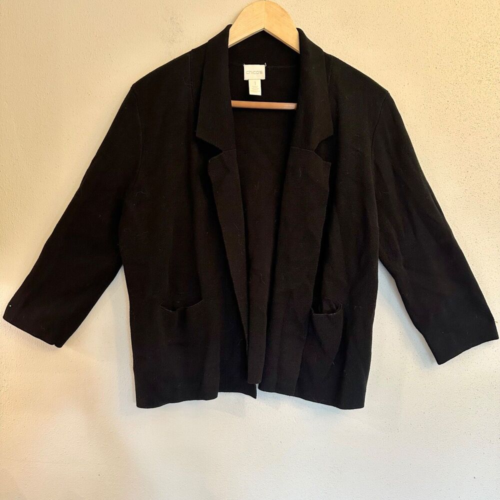 Chico’s Sweater Jacket Cardigan size 1 Black 100% Cotton 3/4 Sleeve Pockets